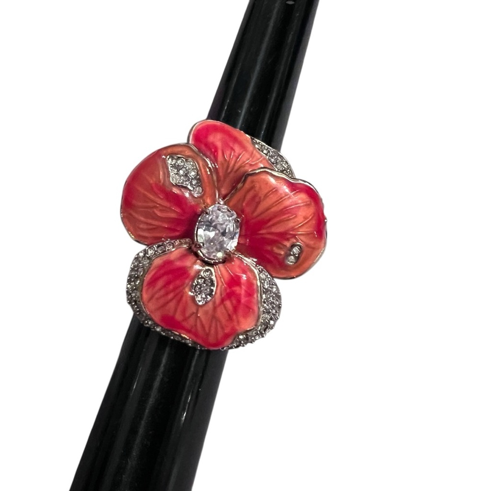Juicy Couture Pink Coral Enamel Flower Ring with Crystal Accents